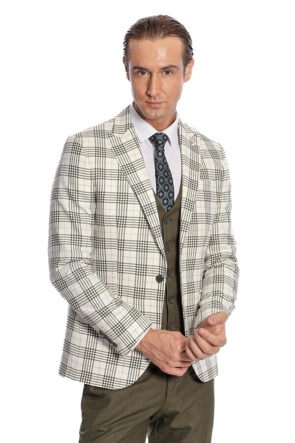 Checked Slim Fit Green Men Suit