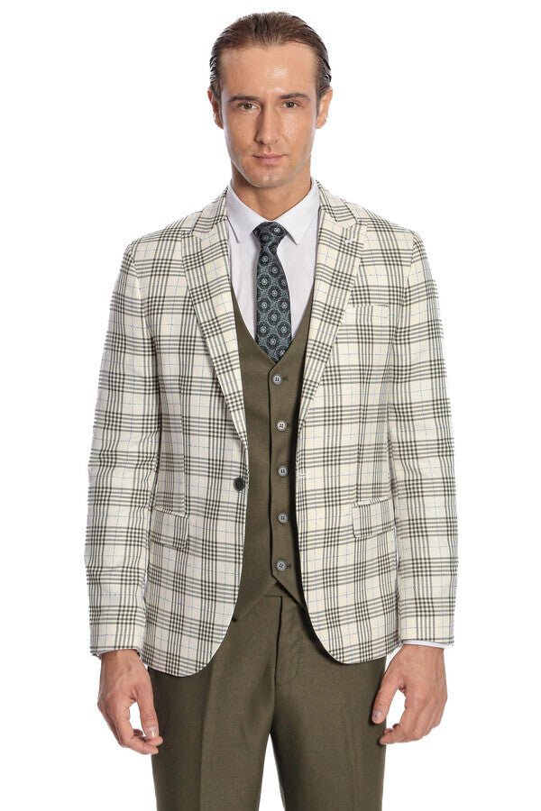 Checked Slim Fit Green Men Suit