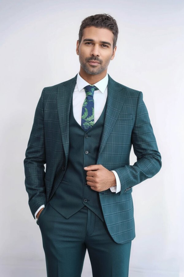 Checked Slim Fit Green Men Suit