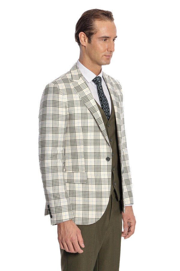 Checked Slim Fit Green Men Suit