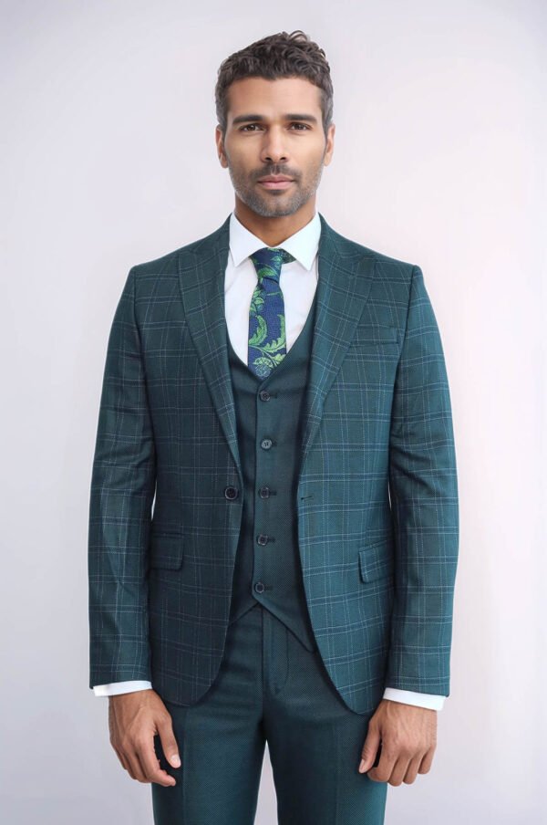 Checked Slim Fit Green Men Suit
