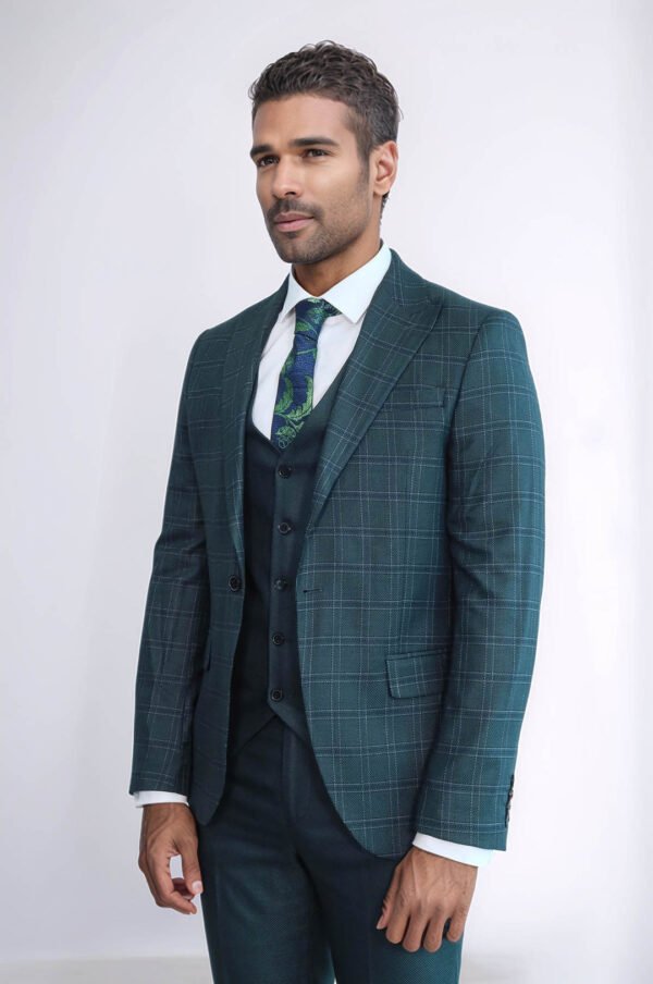 Checked Slim Fit Green Men Suit