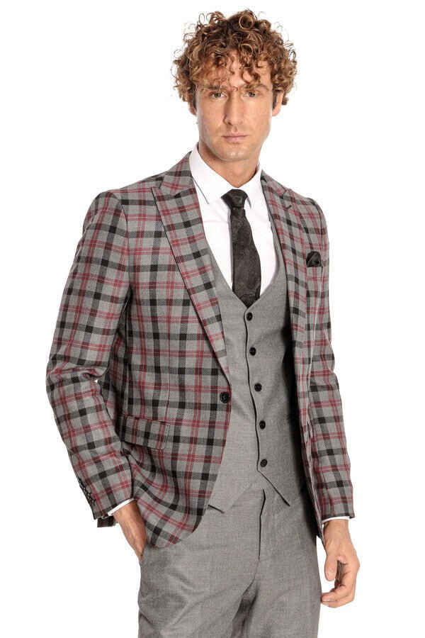 Checked Slim Fit Grey Men Suit