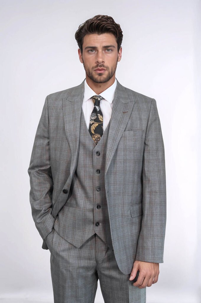 Checked Slim Fit Grey Men Suit