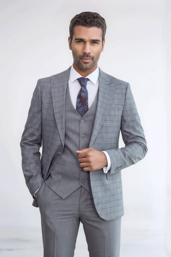 Checked Slim Fit Grey Men Suit