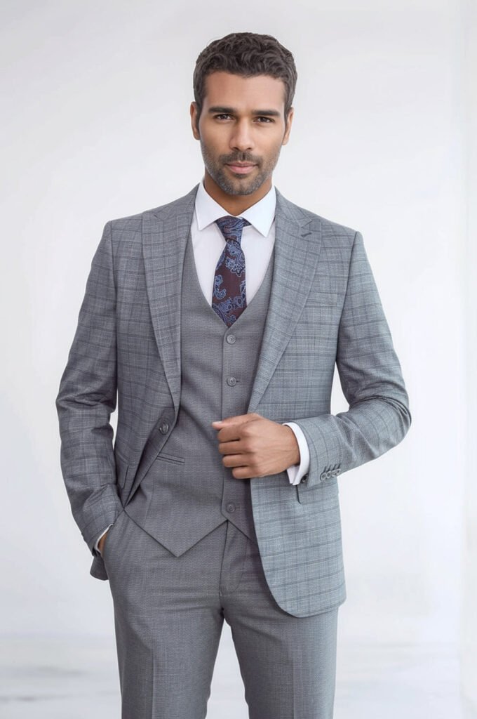 Checked Slim Fit Grey Men Suit