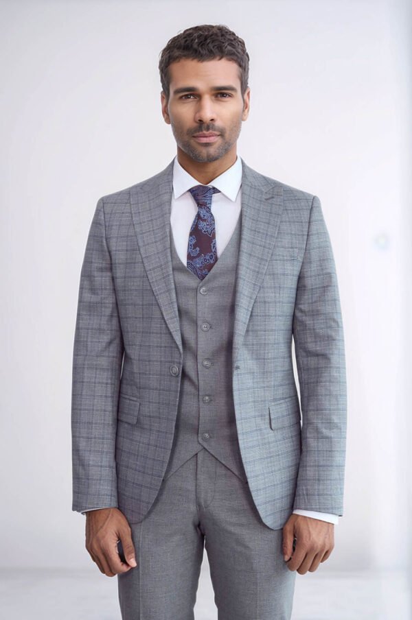 Checked Slim Fit Grey Men Suit