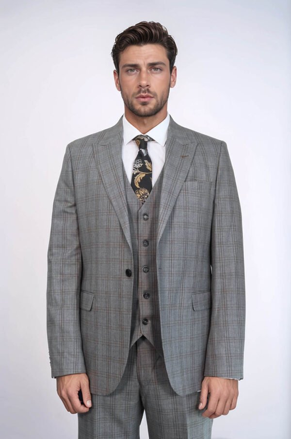 Checked Slim Fit Grey Men Suit