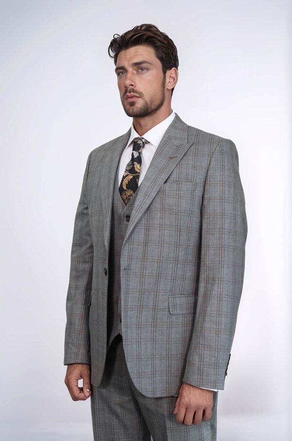 Checked Slim Fit Grey Men Suit