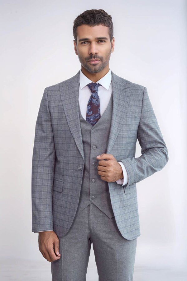 Checked Slim Fit Grey Men Suit