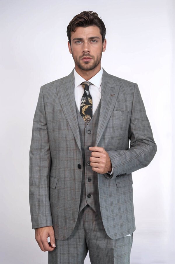 Checked Slim Fit Grey Men Suit
