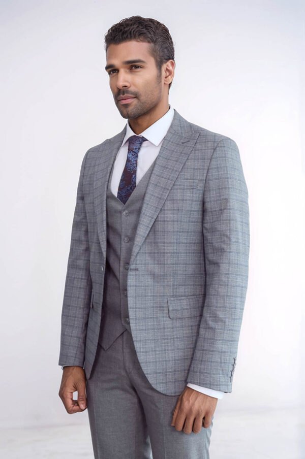 Checked Slim Fit Grey Men Suit