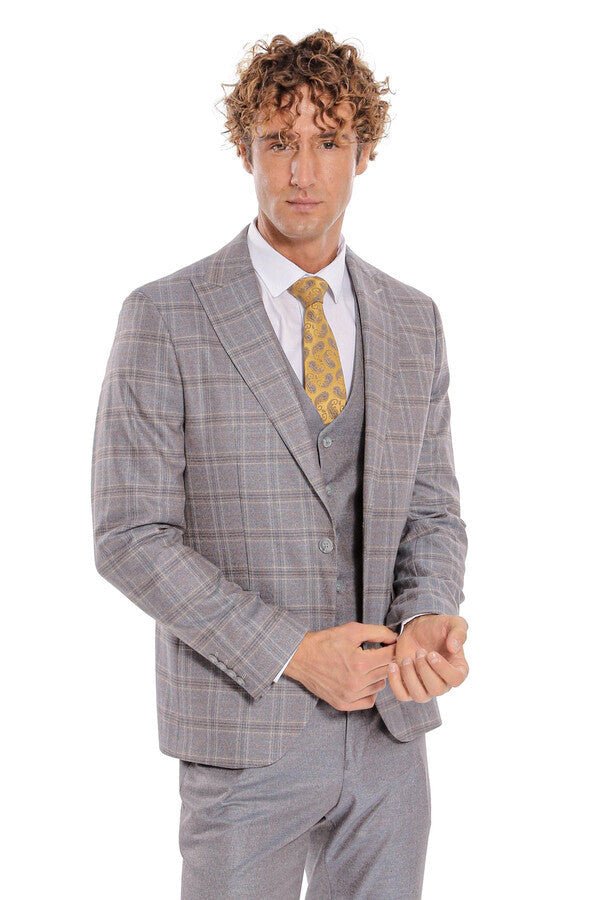 Checked Slim Fit Light Blue Men Suit