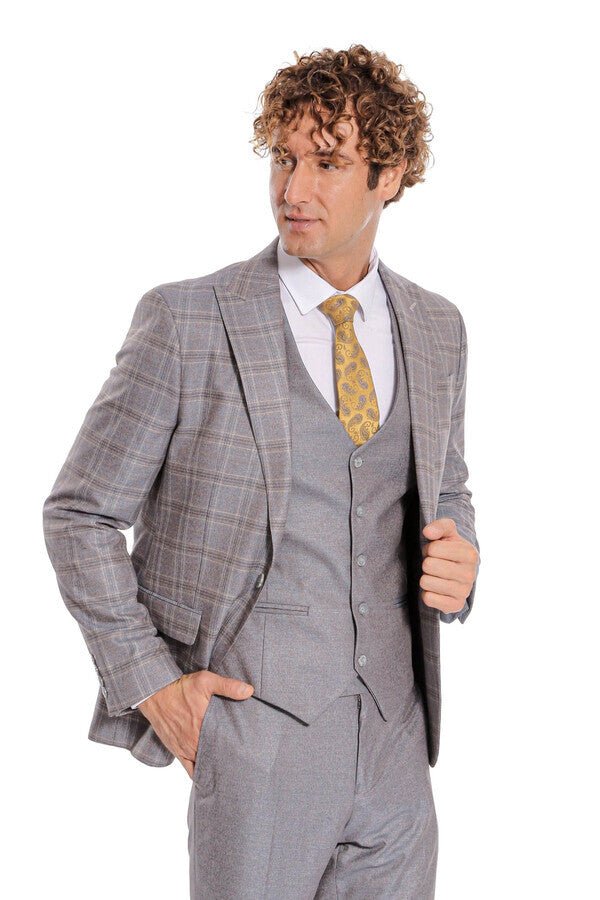 Checked Slim Fit Light Blue Men Suit