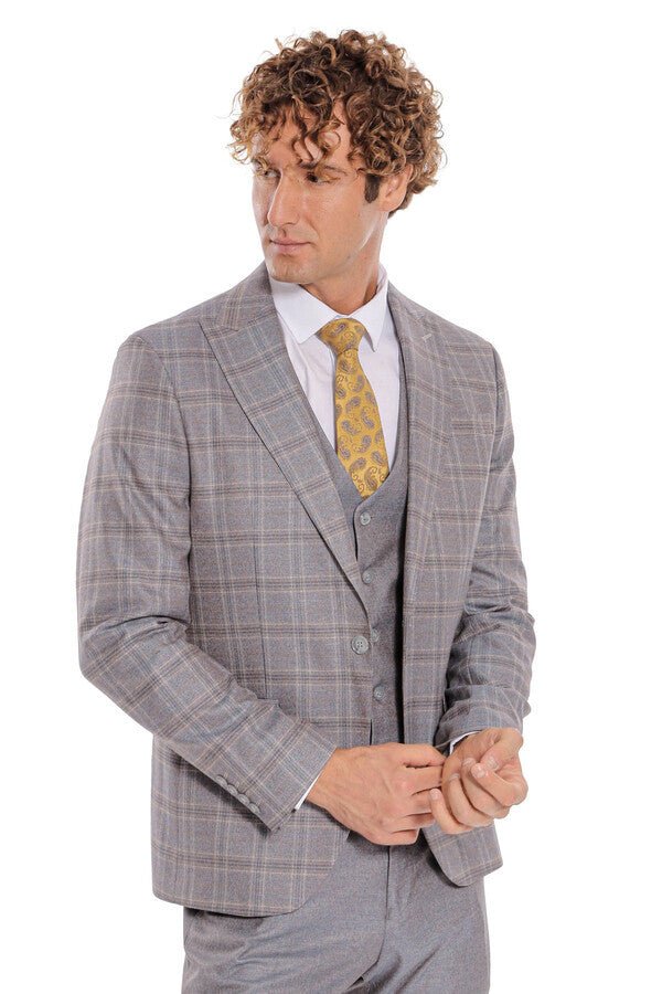 Checked Slim Fit Light Blue Men Suit