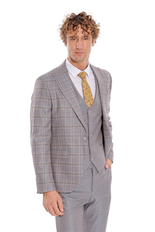 Checked Slim Fit Light Blue Men Suit
