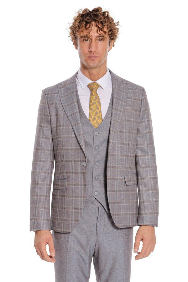 Checked Slim Fit Light Blue Men Suit