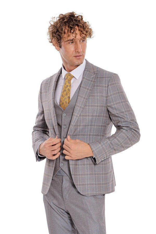 Checked Slim Fit Light Blue Men Suit