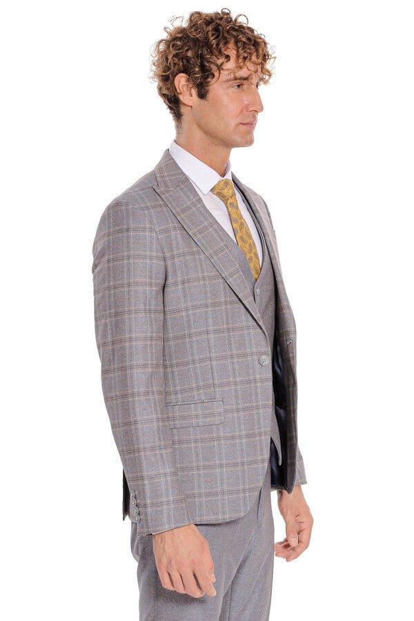 Checked Slim Fit Light Blue Men Suit