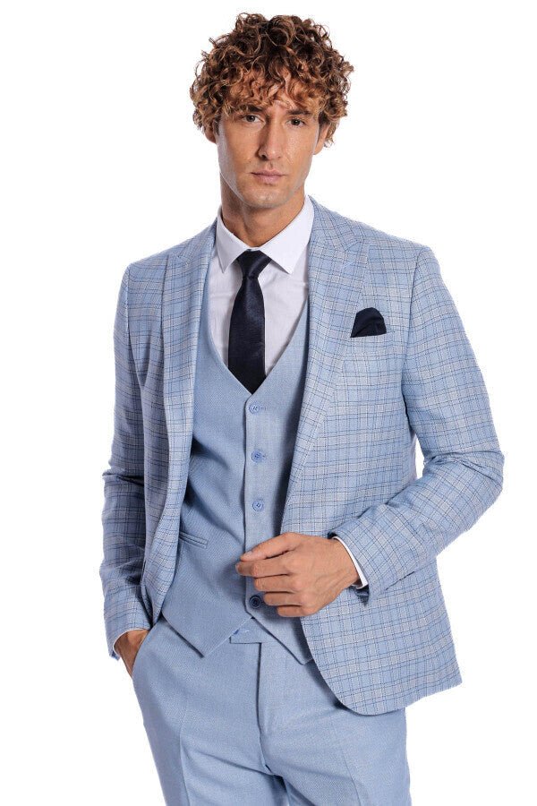 Checked Slim Fit Light Blue Men Suit