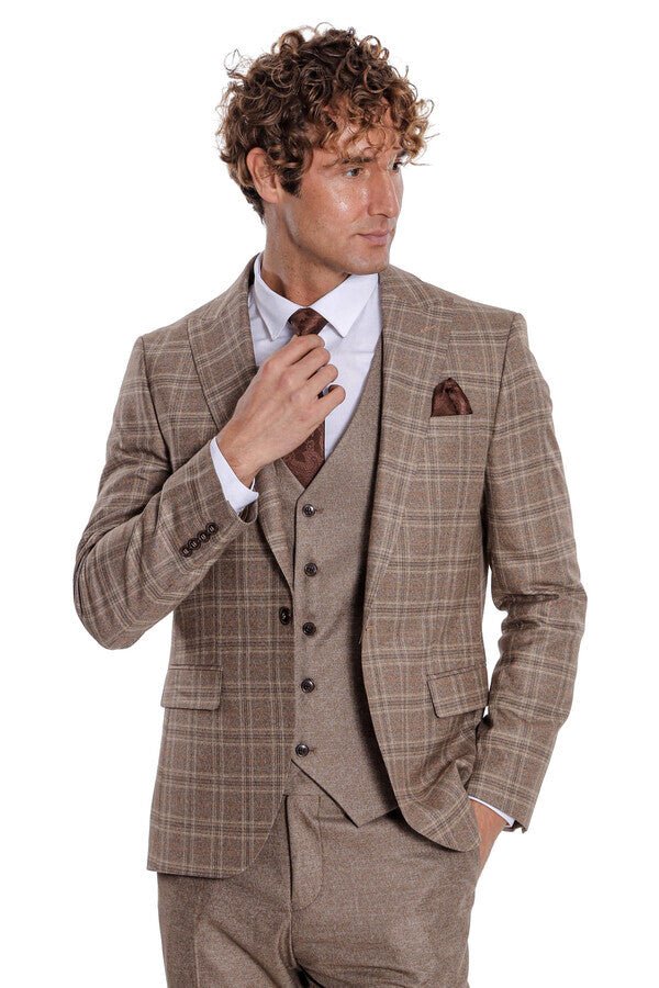 Checked Slim Fit Light Brown Men Suit