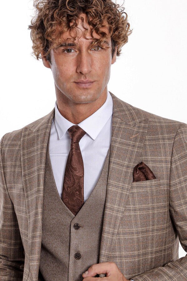 Checked Slim Fit Light Brown Men Suit