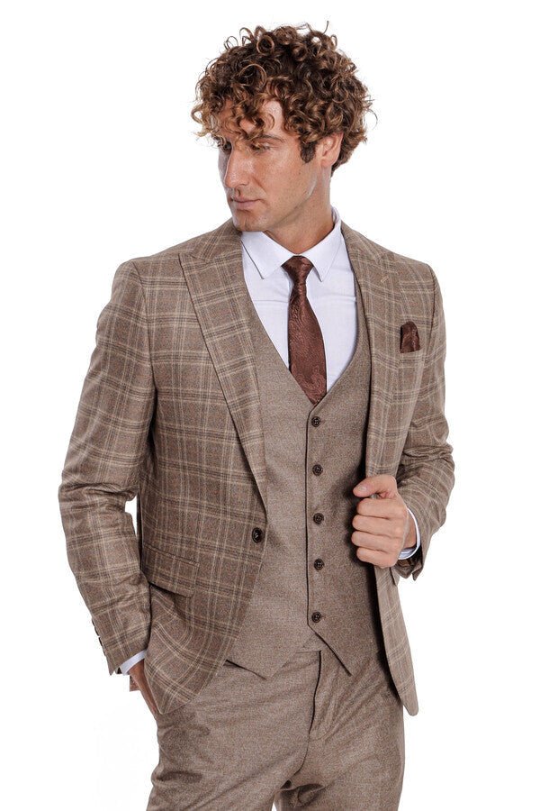 Checked Slim Fit Light Brown Men Suit
