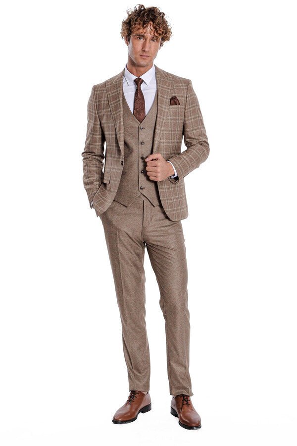 Checked Slim Fit Light Brown Men Suit
