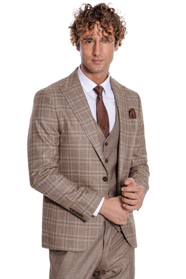 Checked Slim Fit Light Brown Men Suit