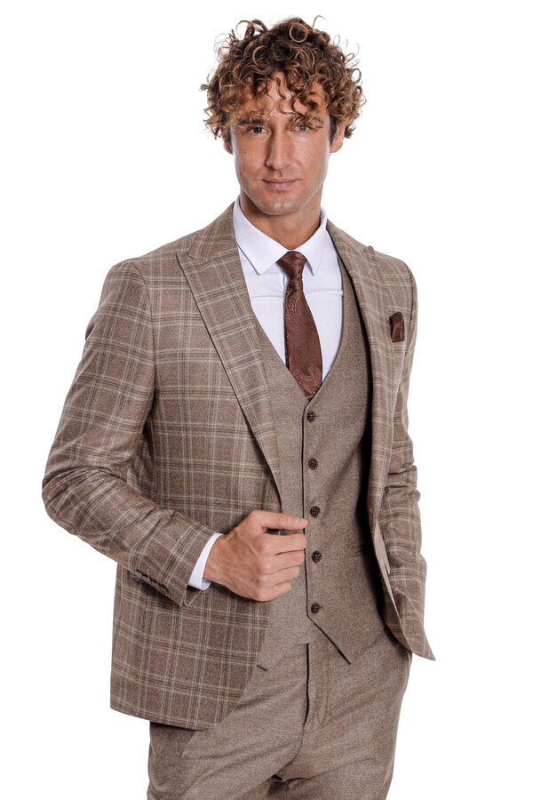 Checked Slim Fit Light Brown Men Suit