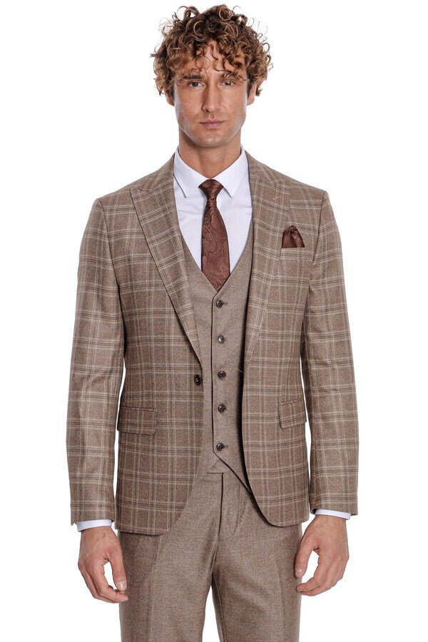 Checked Slim Fit Light Brown Men Suit