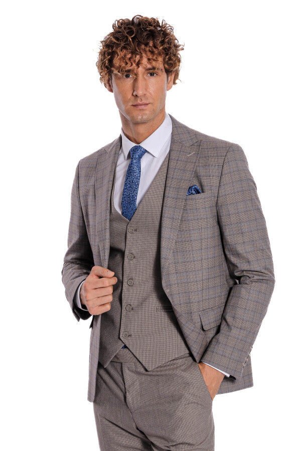 Checked Slim Fit Light Brown Men Suit