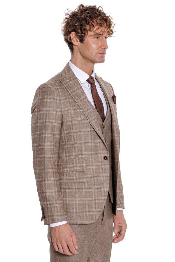Checked Slim Fit Light Brown Men Suit