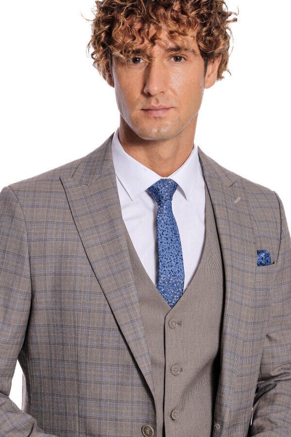 Checked Slim Fit Light Brown Men Suit