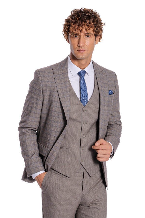 Checked Slim Fit Light Brown Men Suit