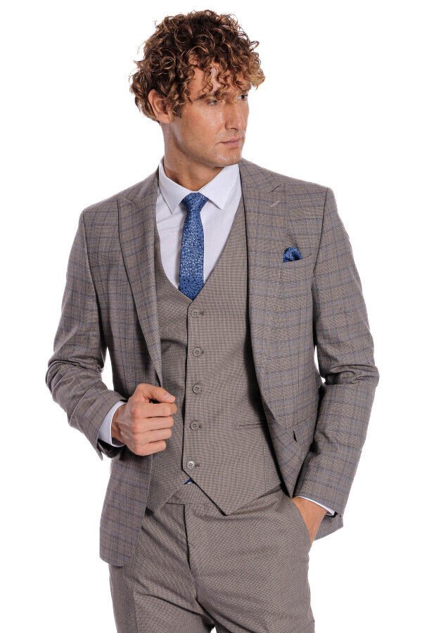 Checked Slim Fit Light Brown Men Suit