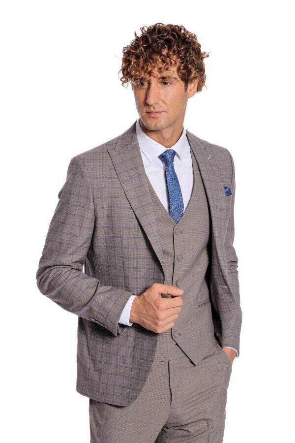 Checked Slim Fit Light Brown Men Suit