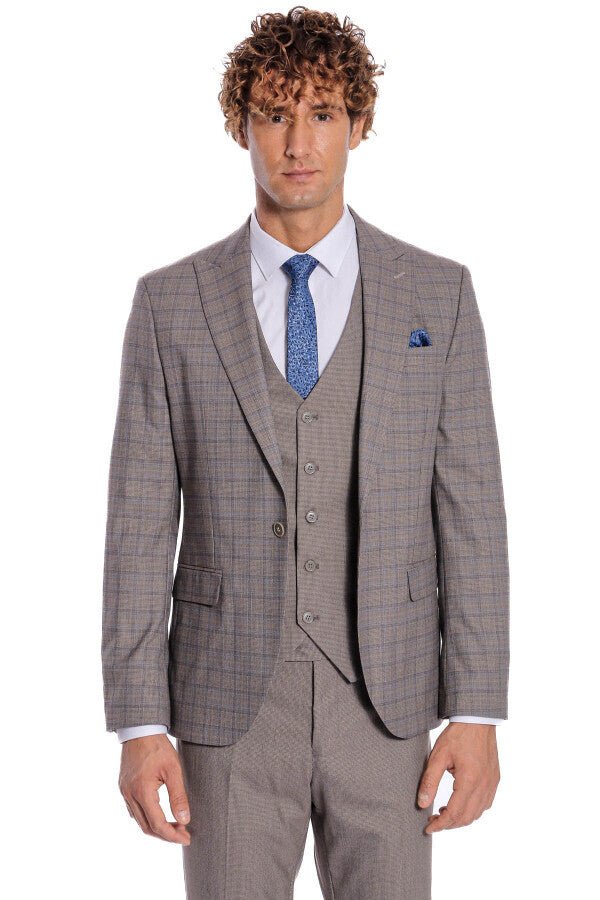 Checked Slim Fit Light Brown Men Suit