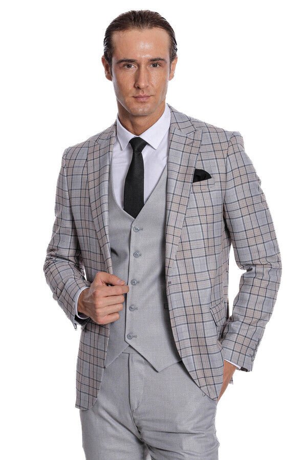 Checked Slim Fit Light Grey Men Suit