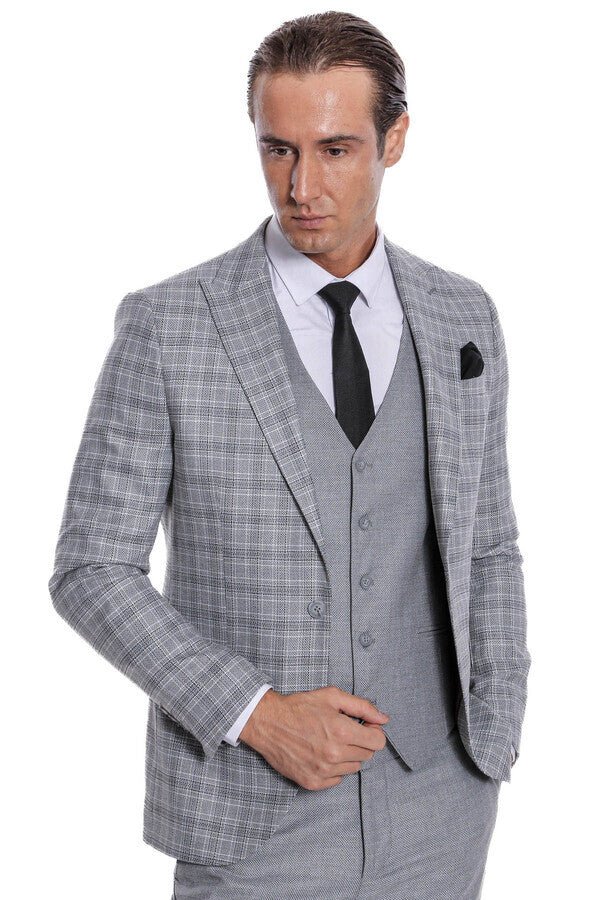 Checked Slim Fit Light Grey Men Suit