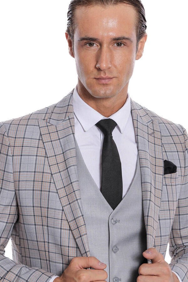 Checked Slim Fit Light Grey Men Suit