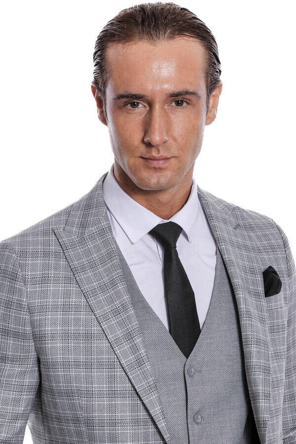 Checked Slim Fit Light Grey Men Suit