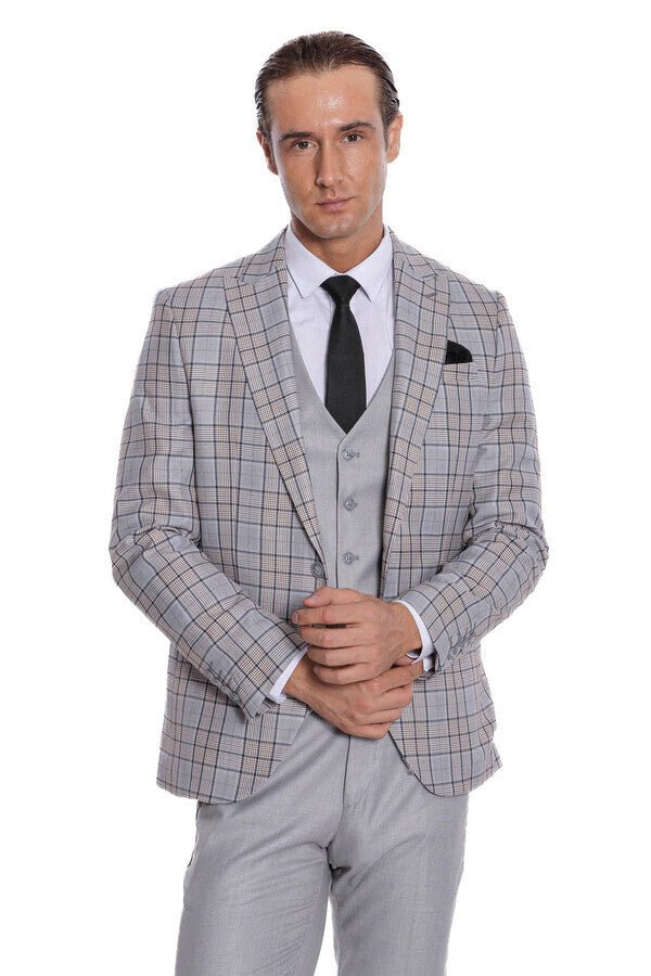Checked Slim Fit Light Grey Men Suit