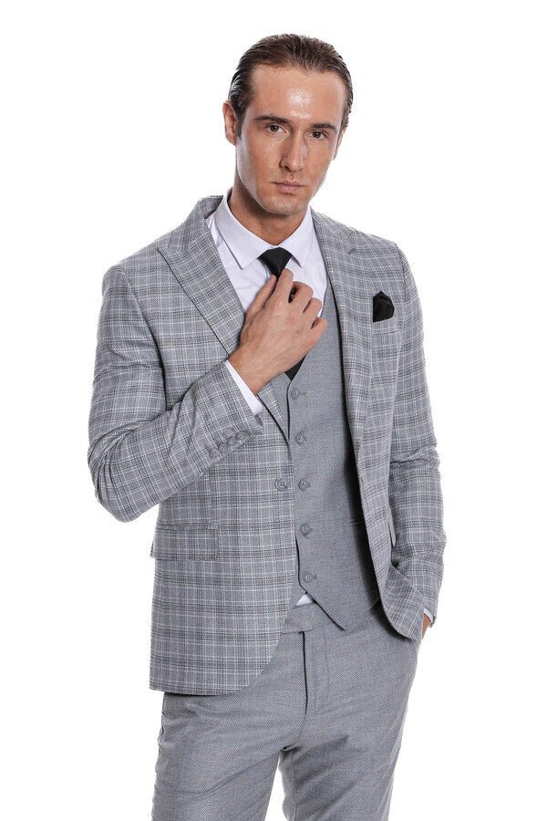 Checked Slim Fit Light Grey Men Suit