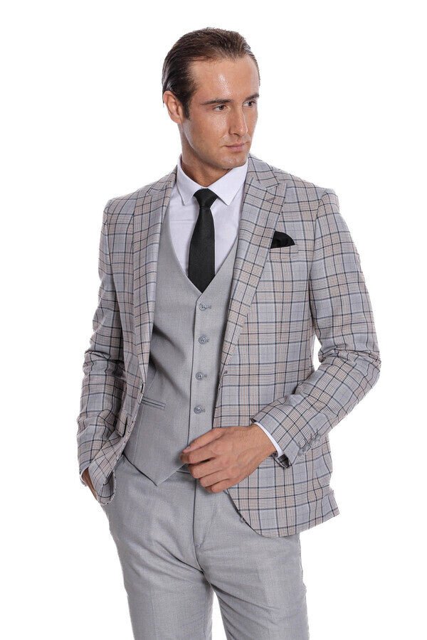Checked Slim Fit Light Grey Men Suit