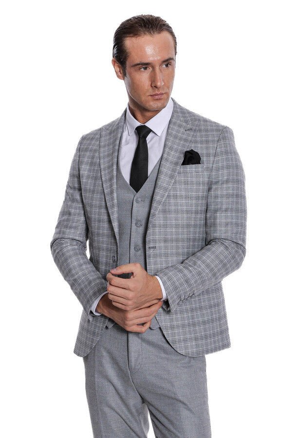 Checked Slim Fit Light Grey Men Suit