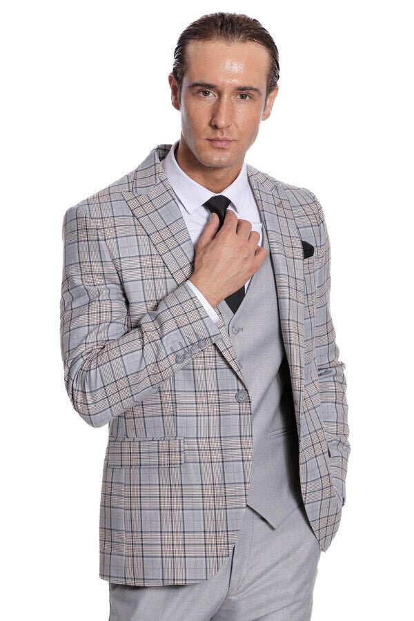 Checked Slim Fit Light Grey Men Suit