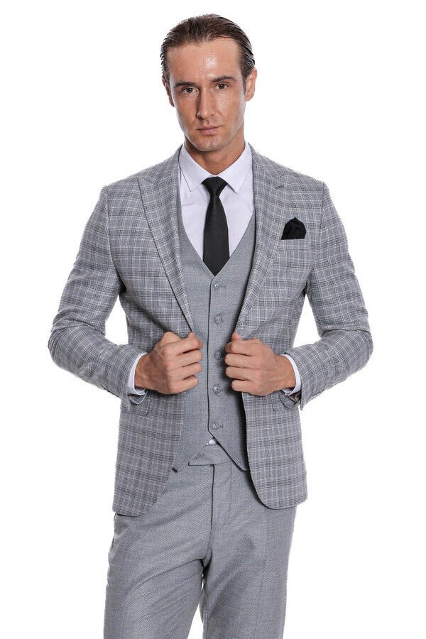 Checked Slim Fit Light Grey Men Suit