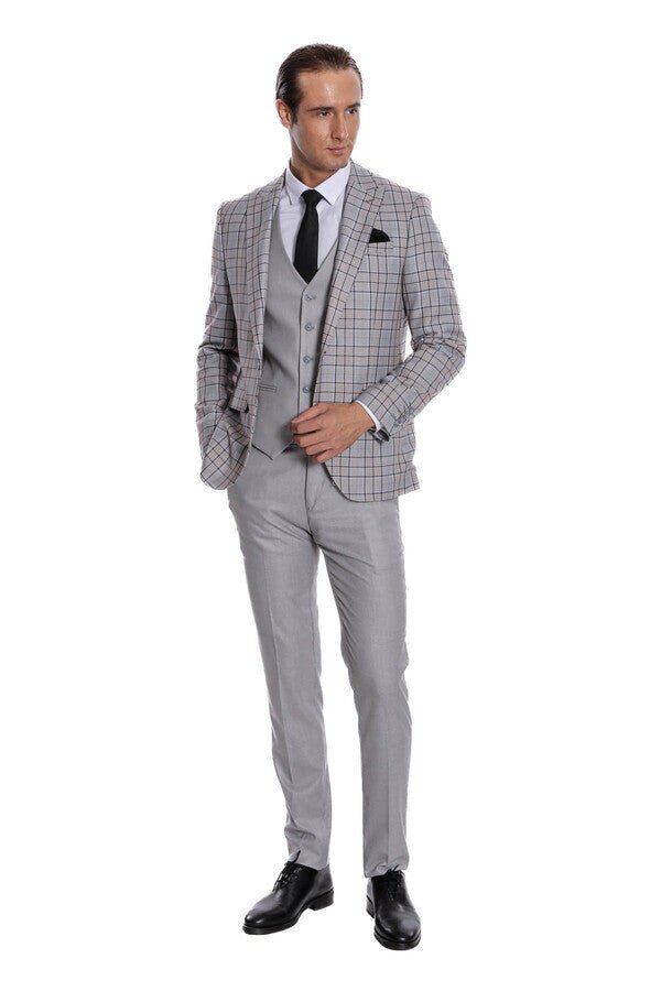 Checked Slim Fit Light Grey Men Suit