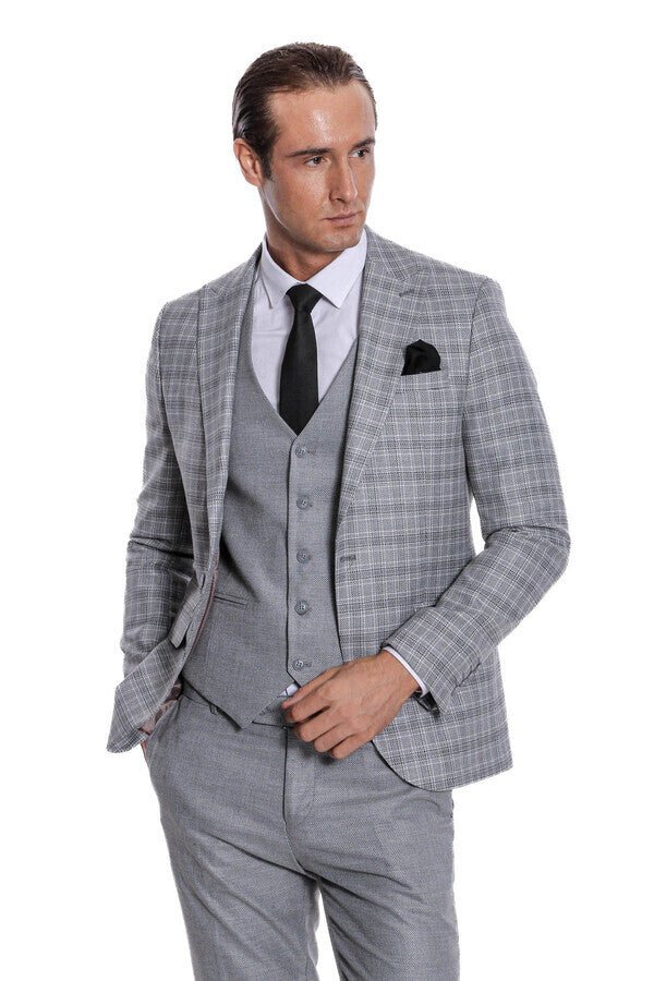 Checked Slim Fit Light Grey Men Suit
